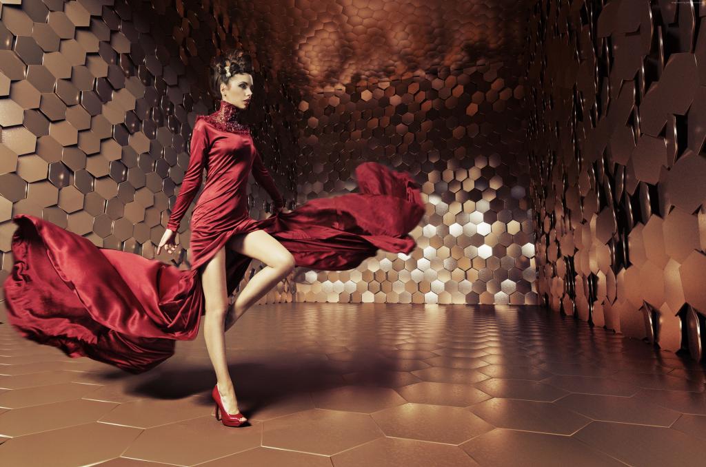 迷人的女人,顶级时装模特,红色礼服（水平）