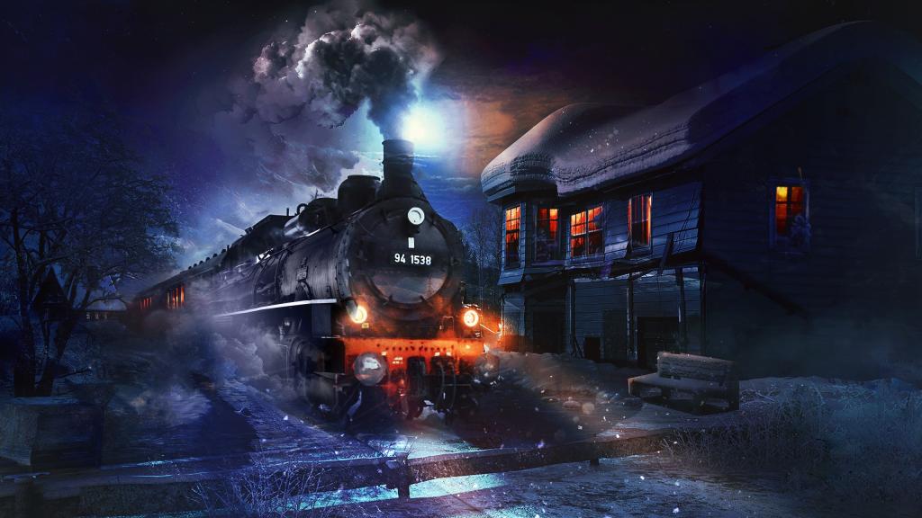 蒸汽火车,蒸汽机车,夜间时间,高清