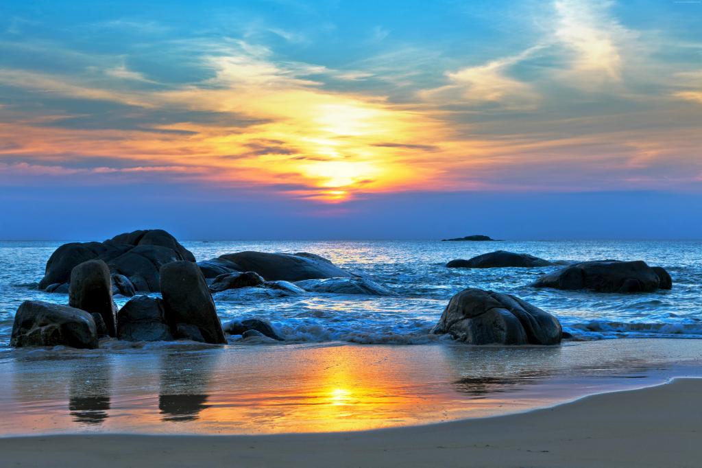 海,5k,4k壁纸,8k,太平洋,世界上最好的海滩,海岸,石头,日落（水平）