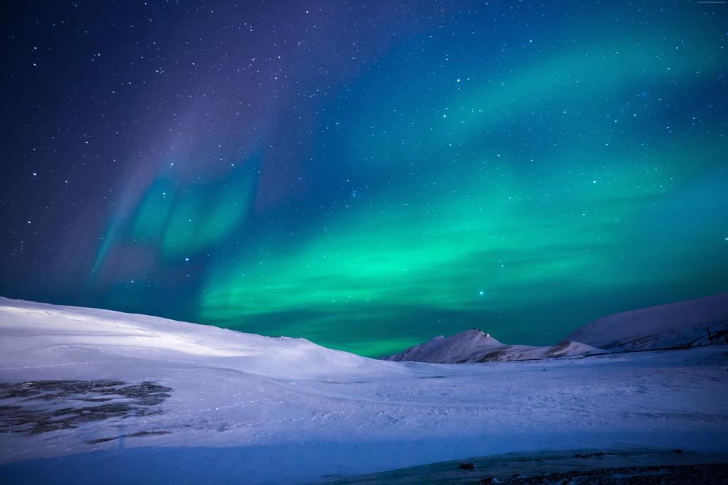 北极光,天空,冬天,山,5K（水平）