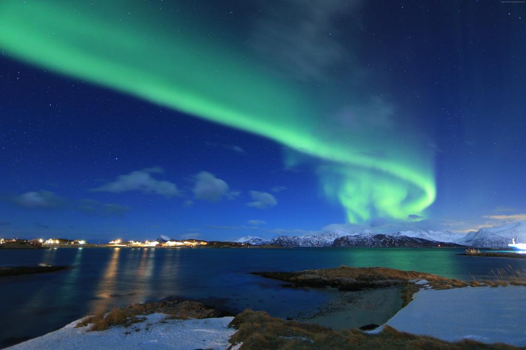 北极光,挪威,湖,冬天,5K（水平）