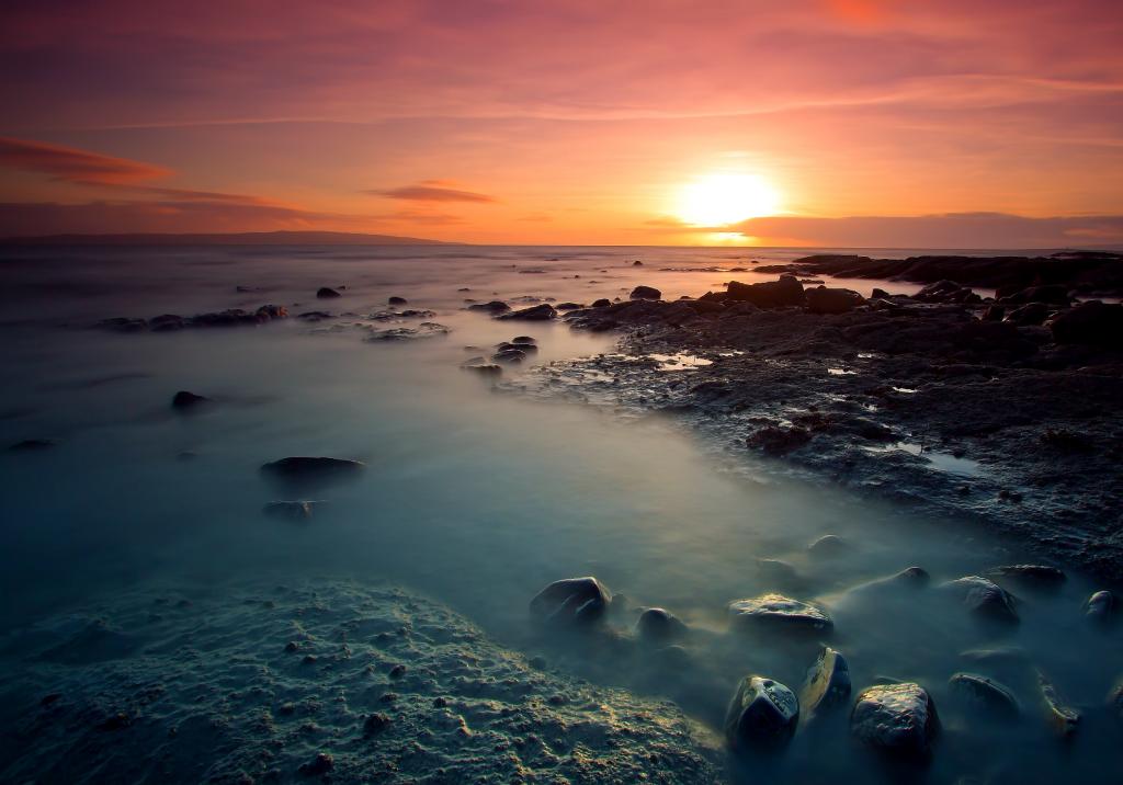 日落,岩石,海滩