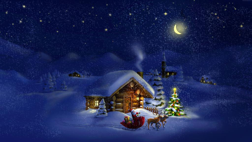 圣诞节,新年,圣诞老人,鹿,月亮,夜,冬季,房子,雪,4k（水平）