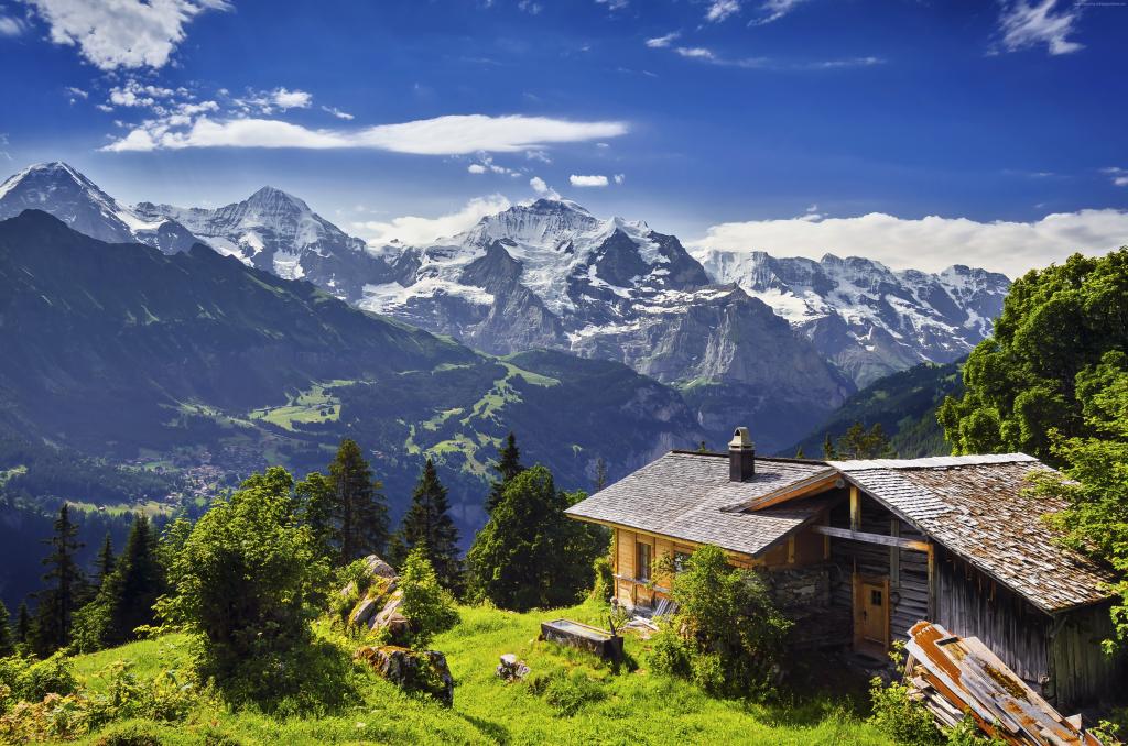 瑞士,5k,4k壁纸,8k,山,天空,房子（卧式）