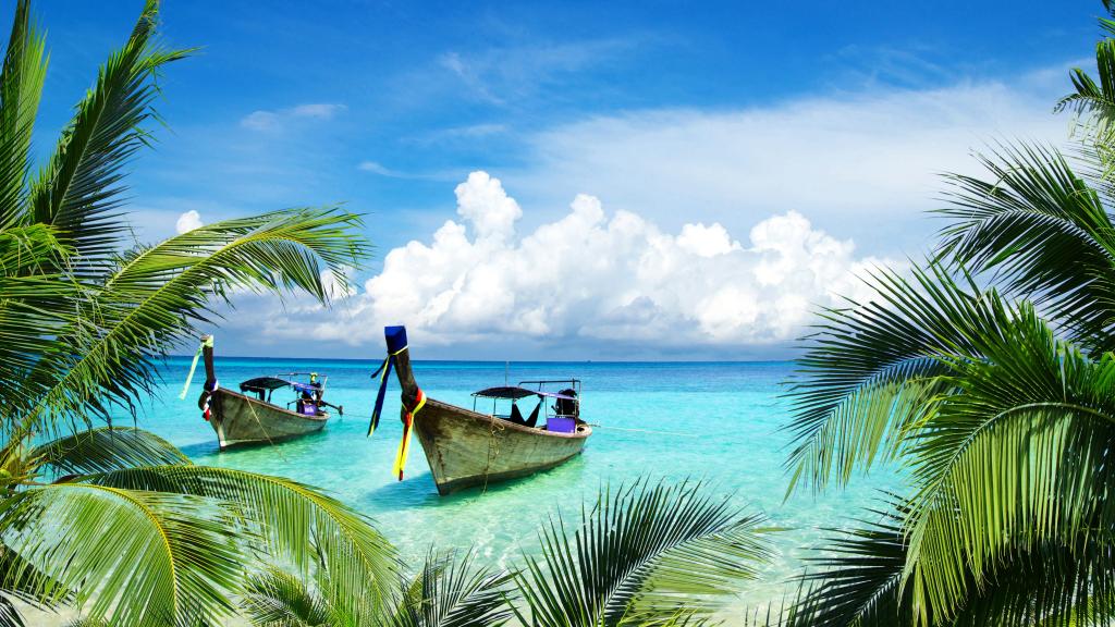 热带海滩,小船,海岛,椰子树,4K