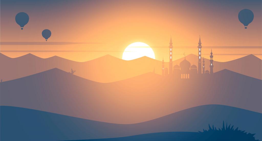 日落,清真寺,热气球,景观,最小,4 k