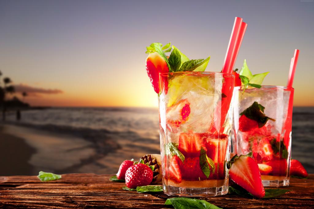 鸡尾酒,热带,海滩,水果,草莓,冰,薄荷（水平）