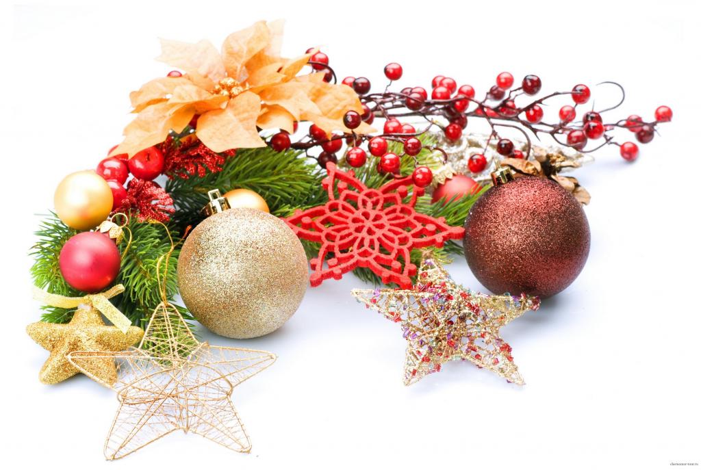 新的一年,圣诞节,装饰,叶子,树枝,气球,星星（水平）