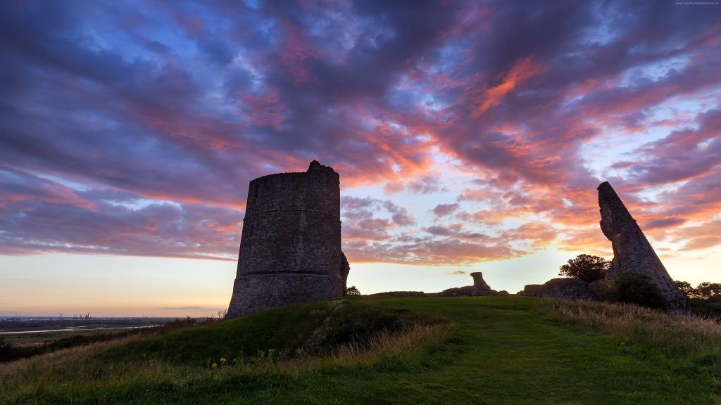 哈德利城堡,4k,高清壁纸,艾塞克斯,英国,粉红色的云,绿草,日落,光线,天空（水平）