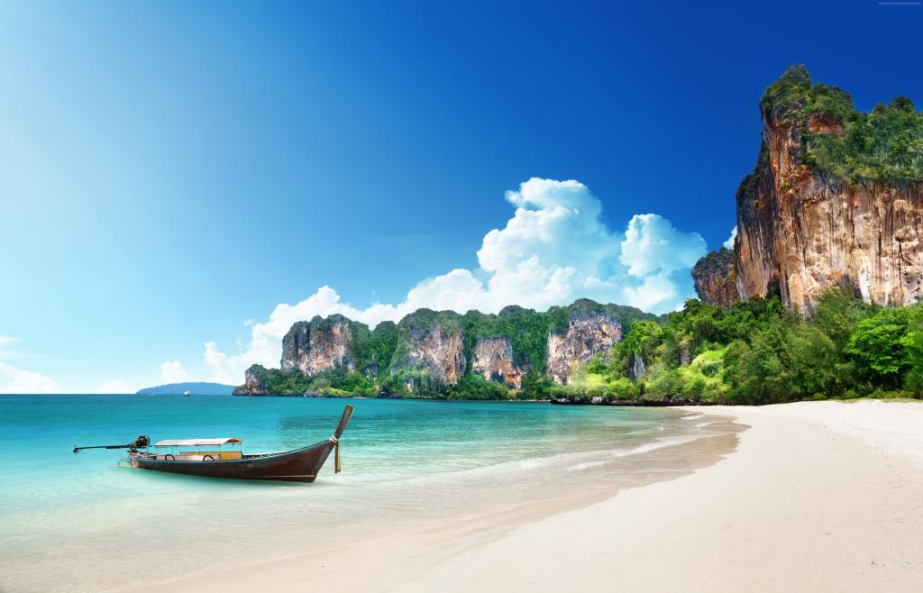 泰国,5k,4k壁纸,8k,海滩,岸,船,岩石,旅游,旅游（水平）