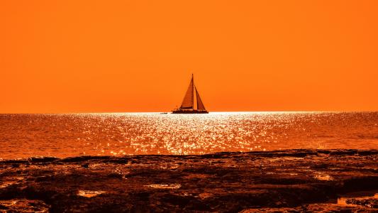 船,日落,黄昏,海滨,地平线,橙色,4K