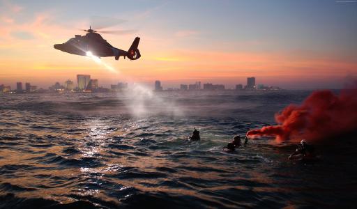 海岸警卫队,救援,MEDEVAC,救援直升机,训练,海,夜间（水平）