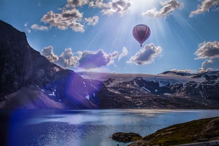 挪威,4k,5k壁纸,8k,气球,湖,山,云（水平）
