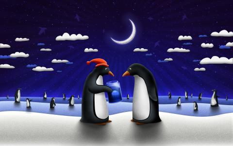 企鹅,圣诞老人的帽子,云,半个月亮,冬天