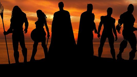正义联盟,超级英雄,阿夸曼,神奇女侠,超人,蝙蝠侠,闪光,机器人,剪影,4K,8K