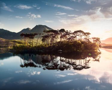 爱尔兰,湖,山,树,日出,4k（水平）