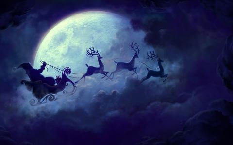 圣诞老人,驯鹿战车,满月,高清