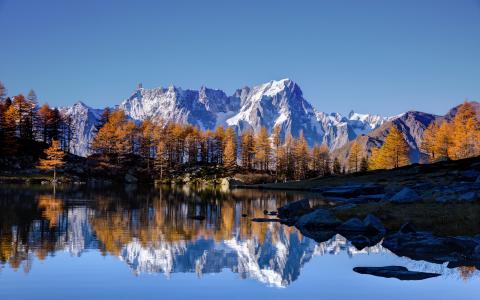 勃朗峰,秋天,湖,白山,阿尔卑斯山,高清,5K
