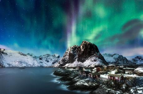 挪威,罗弗敦群岛,山,海,夜,北极光,5k（水平）