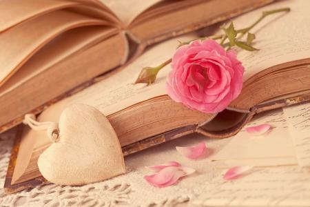 爱的心,粉红色的玫瑰,书籍,花瓣