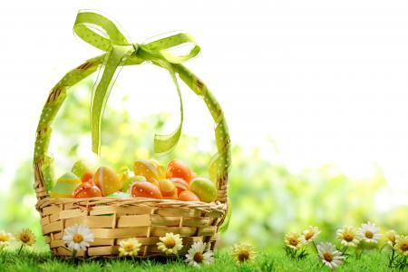 复活节,春天,鲜花,鸡蛋,篮子（水平）