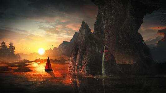 日落,小船,岩石,瀑布,和谐,高清