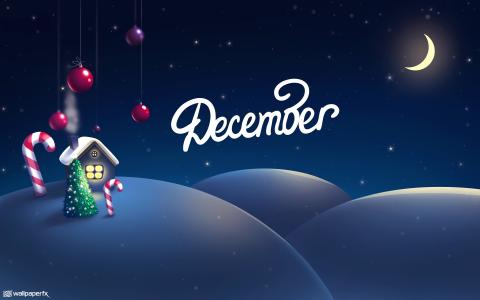 12月,圣诞装饰,房子,树,半个月亮,雪,高清