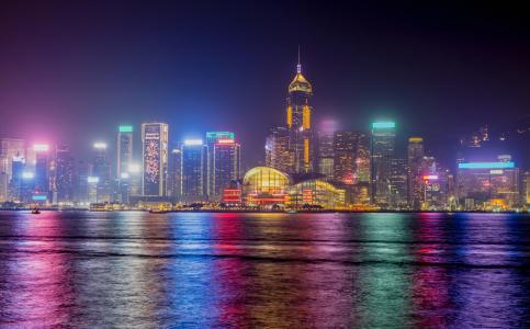 香港,天际线,夜景,4K