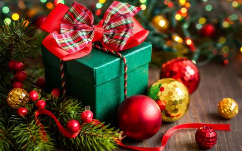 圣诞节,新年,礼物,框,球,枞树,装饰（水平）
