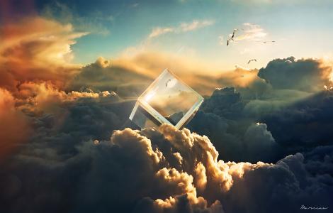 水晶立方体,天空,云彩,鸟,4K