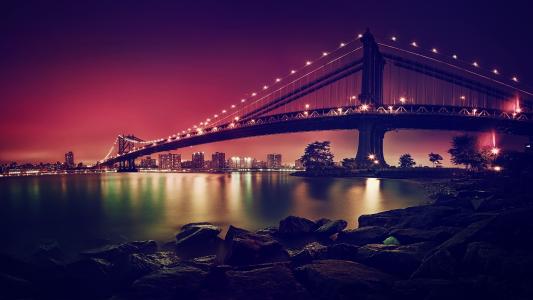 曼哈顿大桥,悬索桥,纽约城,4K