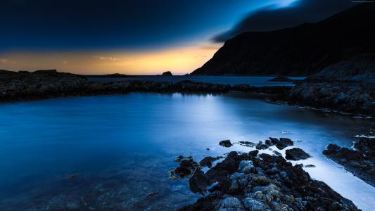 挪威,4k,高清壁纸,蓝色夕阳,海,海洋,水,天空,云,岩石,日出（水平）
