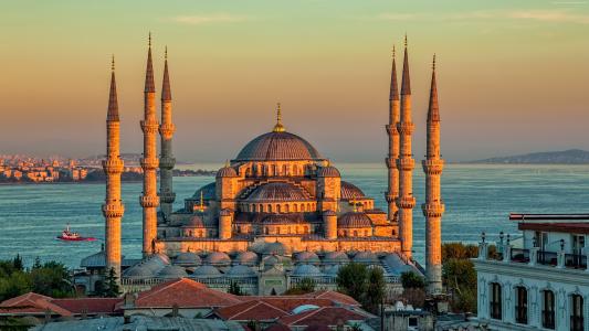 苏丹艾哈迈德清真寺,土耳其,伊斯坦布尔,日出,4k（水平）