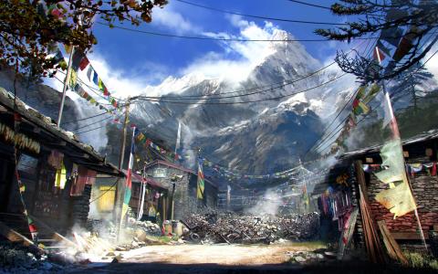 孤岛惊魂4,游戏,开放的世界,冒险游戏,射手,凯拉特,喜马拉雅山,山,西藏,村,截图（水平）