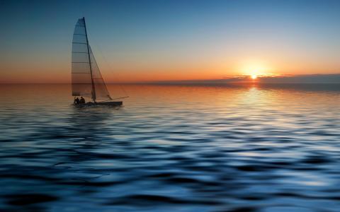 日落,小船,海