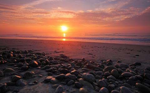 日落,海滩,岩石