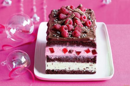 蛋糕,巧克力,冰淇淋,浆果,覆盆子,粉红色（水平）