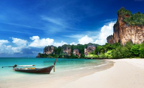 甲米海滩,高清,4k壁纸,泰国,世界上最好的海滩,旅游,旅游,度假,度假,沙滩,船,天空,世界上最好的潜水地点（水平）