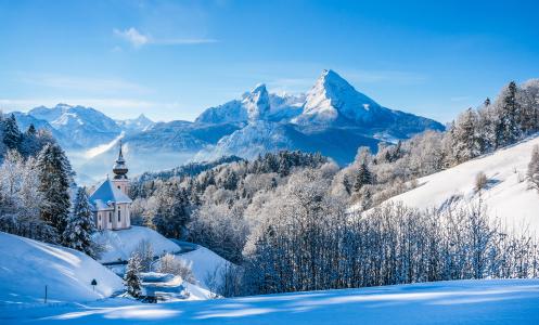 巴伐利亚阿尔卑斯山,冬季景观,教会,德国,高清,8K