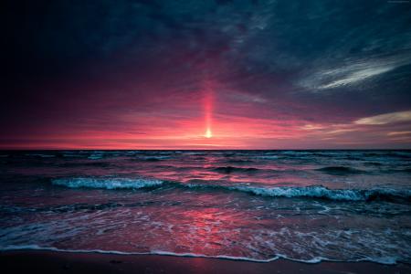 日落,海洋,沙滩,4k（水平）