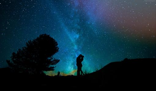 爱的形象,吻,晚上,天空,星星,4k（水平）
