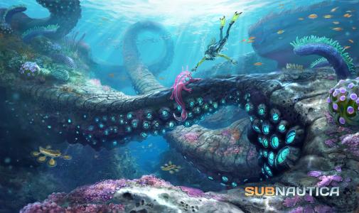 Subnautica,2015,游戏,潜水,触手,章鱼,海,潜水员,底部,蓝色,截图,PC,4K,5K（水平）