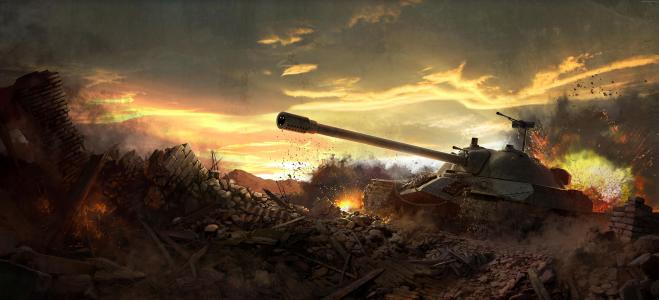 世界坦克,游戏,坦克,IS-7,战场,天空,云,日落,火,艺术,截图,4K,5K,PC（水平）