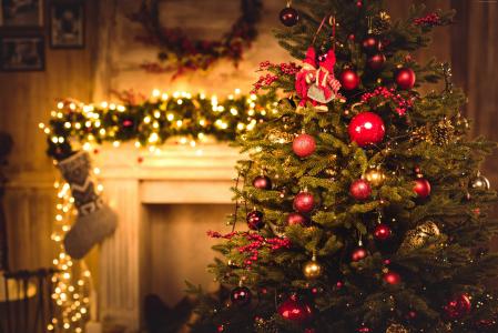圣诞节,新年,礼物,枞树,壁炉,装饰,5K（水平）
