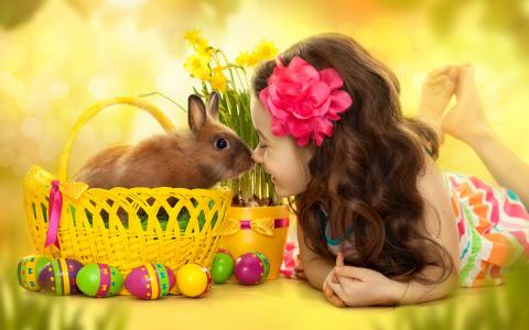 复活节彩蛋,复活节兔子,可爱的女孩,高清