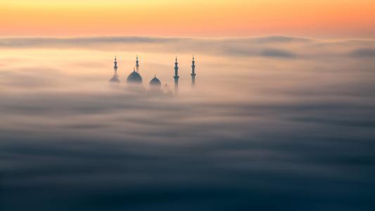 谢赫·扎耶德清真寺,阿布扎比,日出,雾,阿拉伯联合酋长国,5K
