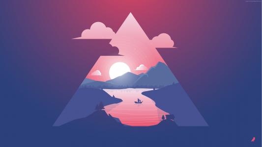 山,太阳,河,紫色,三角形,4k（水平）