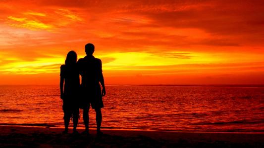 夫妇,剪影,浪漫,海滩,日落,4 k