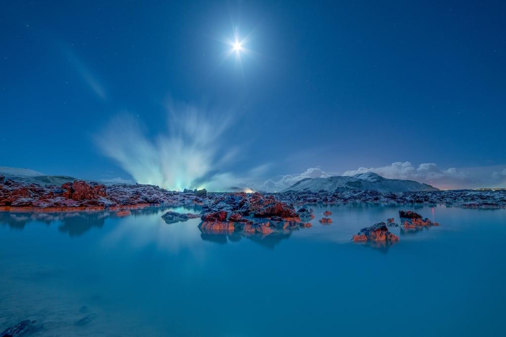 蓝色盐水湖,月光,冰岛,4K