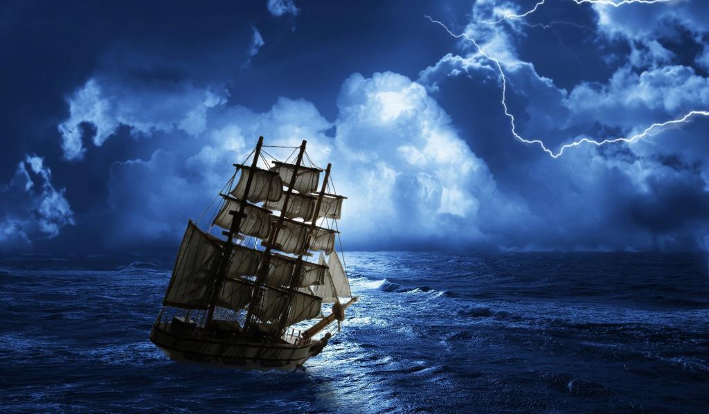 海上风暴,闪电,帆船,月光照明,高清,4K